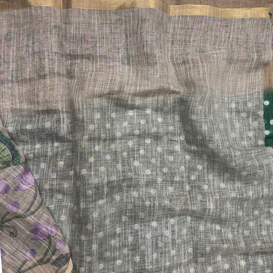 Green Beige Cotton Linen Saree