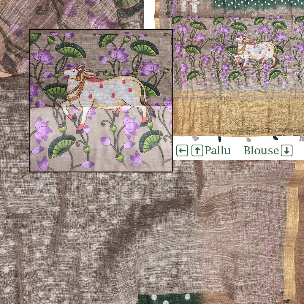 Green Beige Cotton Linen Saree