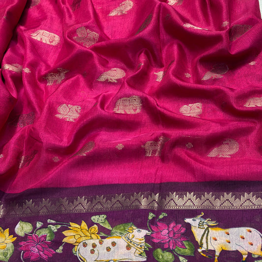 Magenta Pink Muslin Silk Saree with Pichwai Cow & Lotus Print Border