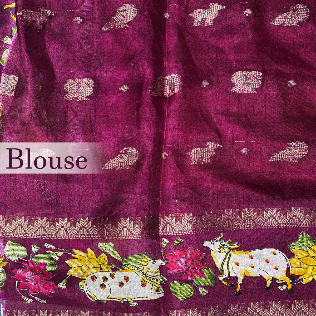 Magenta Pink Muslin Silk Saree with Pichwai Cow & Lotus Print Border