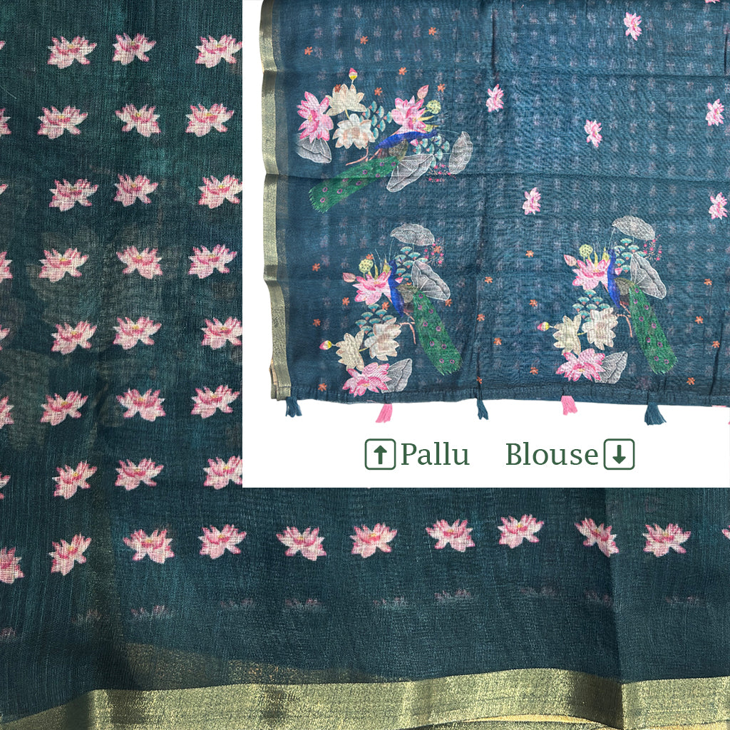 Deep Teal Blue Lotus Peacock Printed Cotton Line