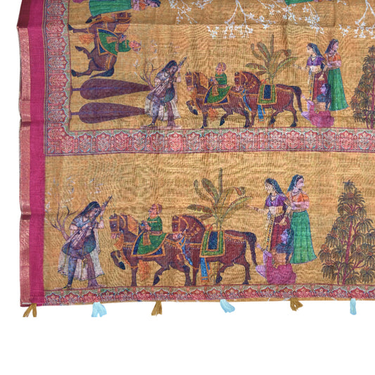 Mustard Yellow Royal Printed Cotton Linen Saree