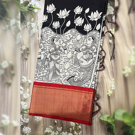 Kalamkari Printed Dola Silk Black with Red Edition
