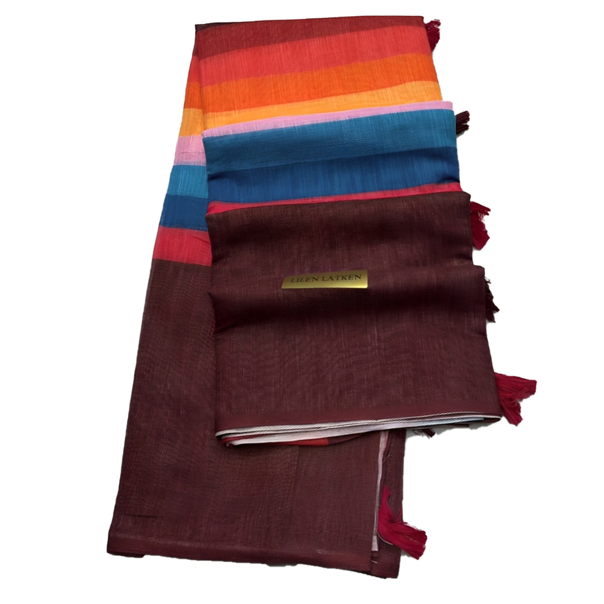 Brown Rainbow Stripe Linen Cotton Saree