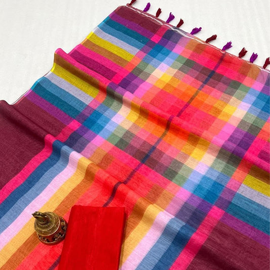 Brown Rainbow Stripe Linen Cotton Saree