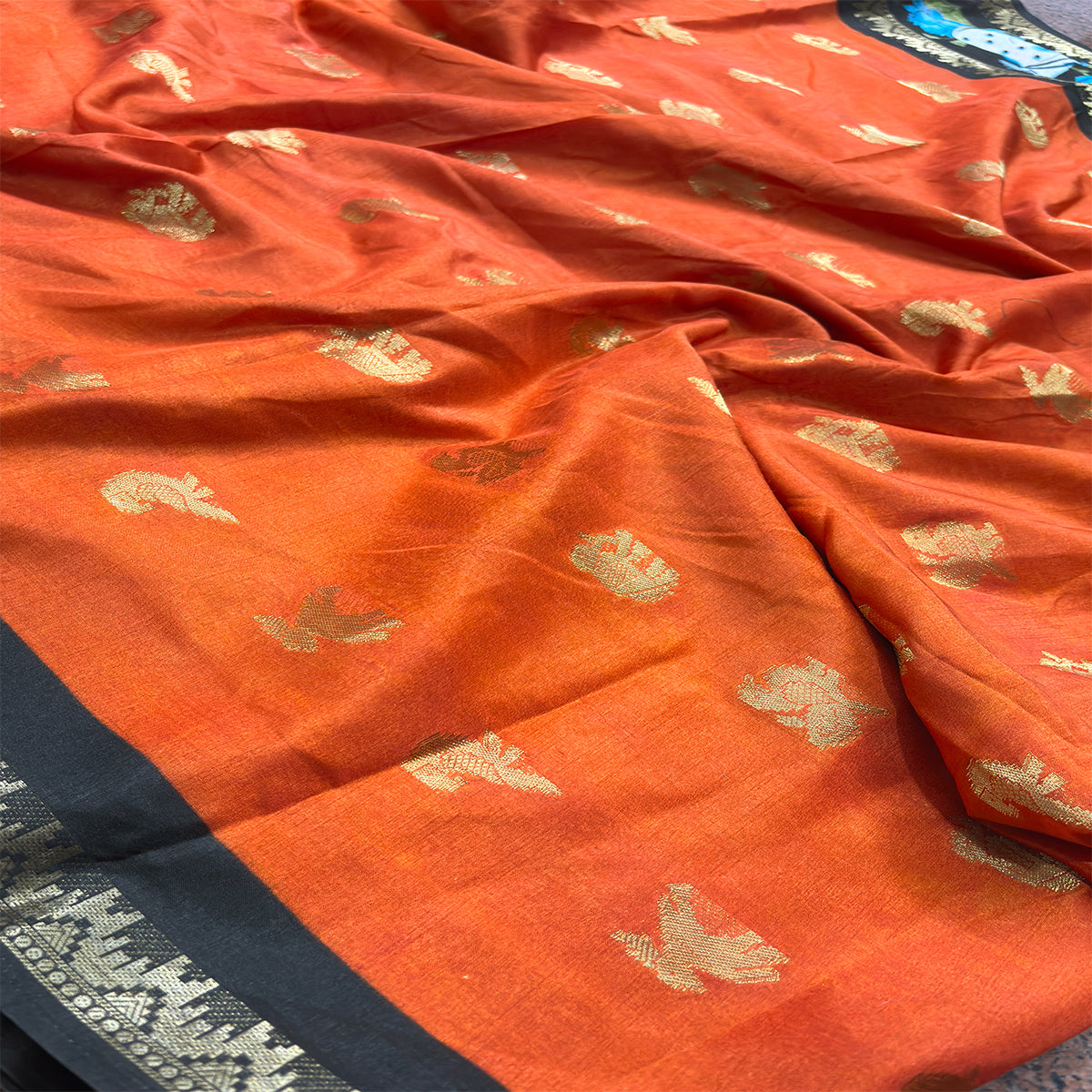 Rust Orange Muslin Silk Saree with Pichwai Cow & Lotus Print Border