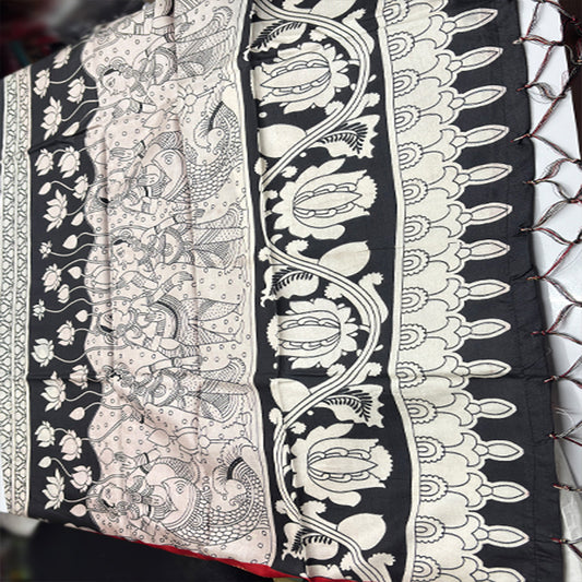 Kalamkari Printed Dola Silk Black with Red Edition