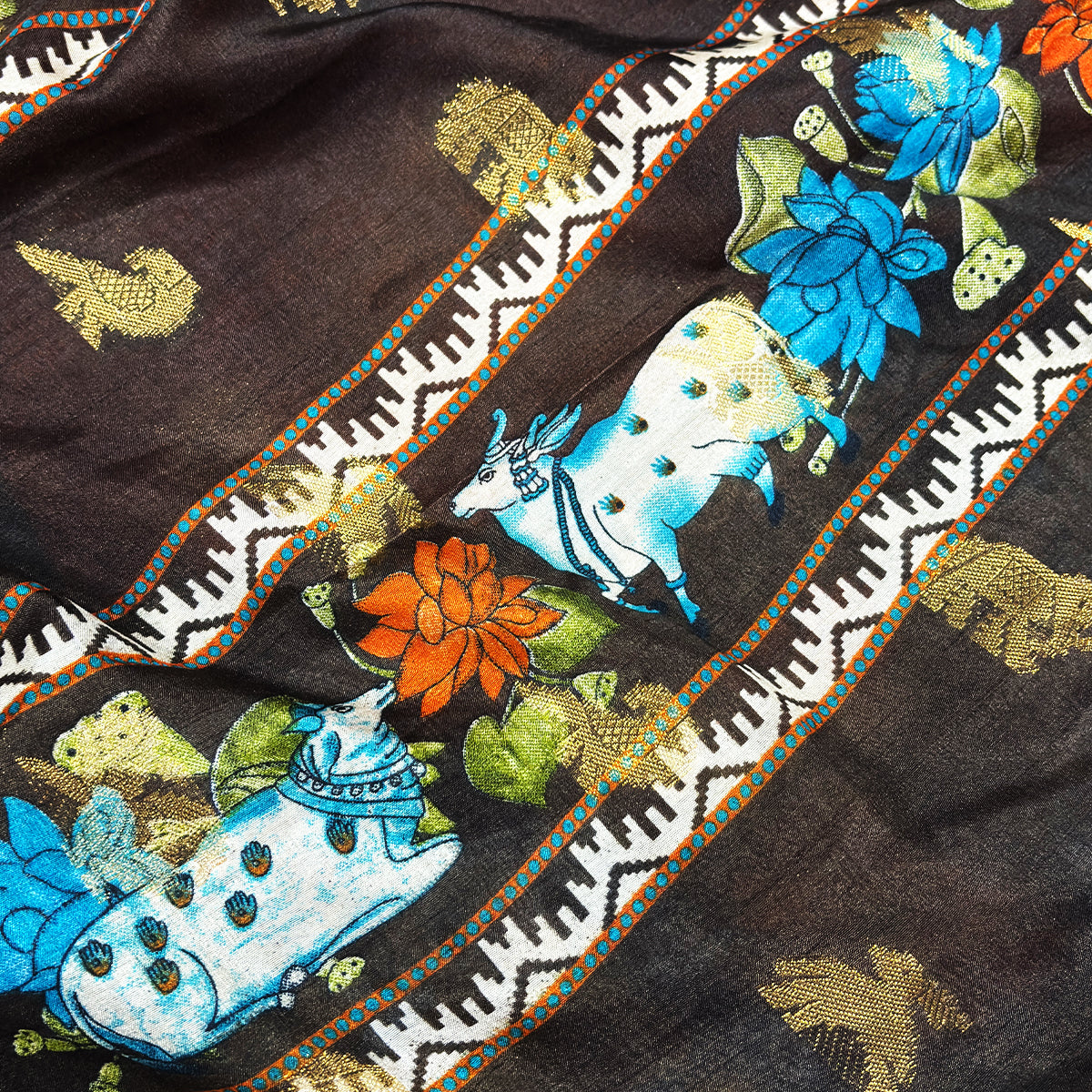 Rust Orange Muslin Silk Saree with Pichwai Cow & Lotus Print Border