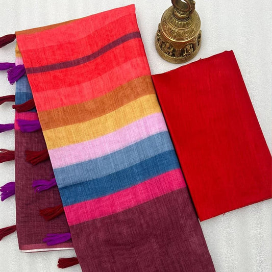 Brown Rainbow Stripe Linen Cotton Saree
