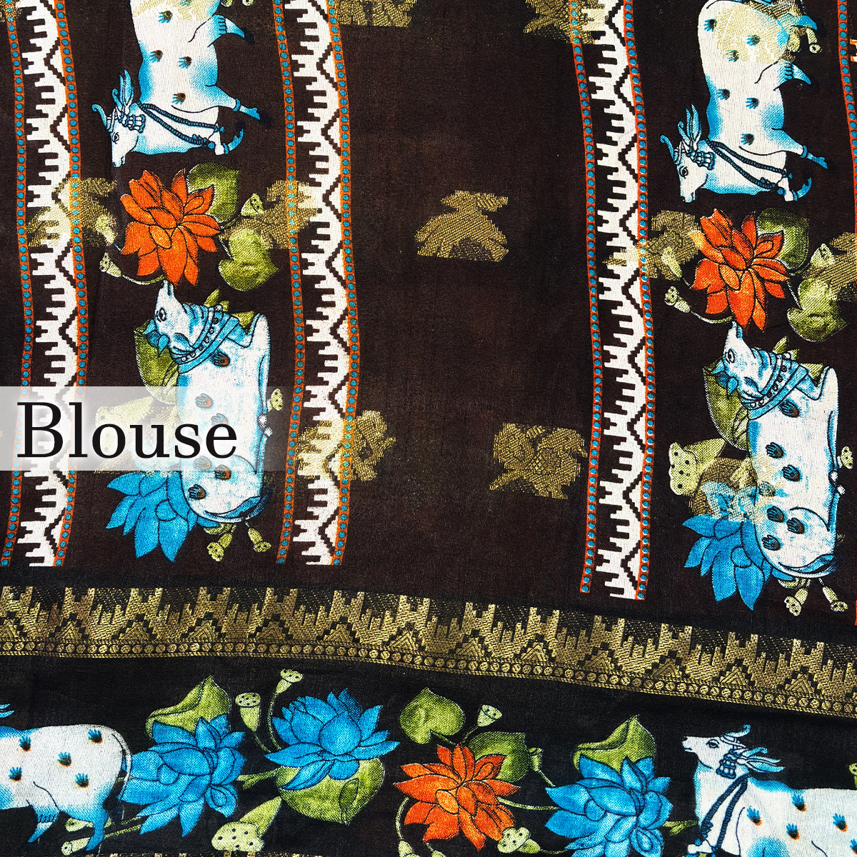 Rust Orange Muslin Silk Saree with Pichwai Cow & Lotus Print Border