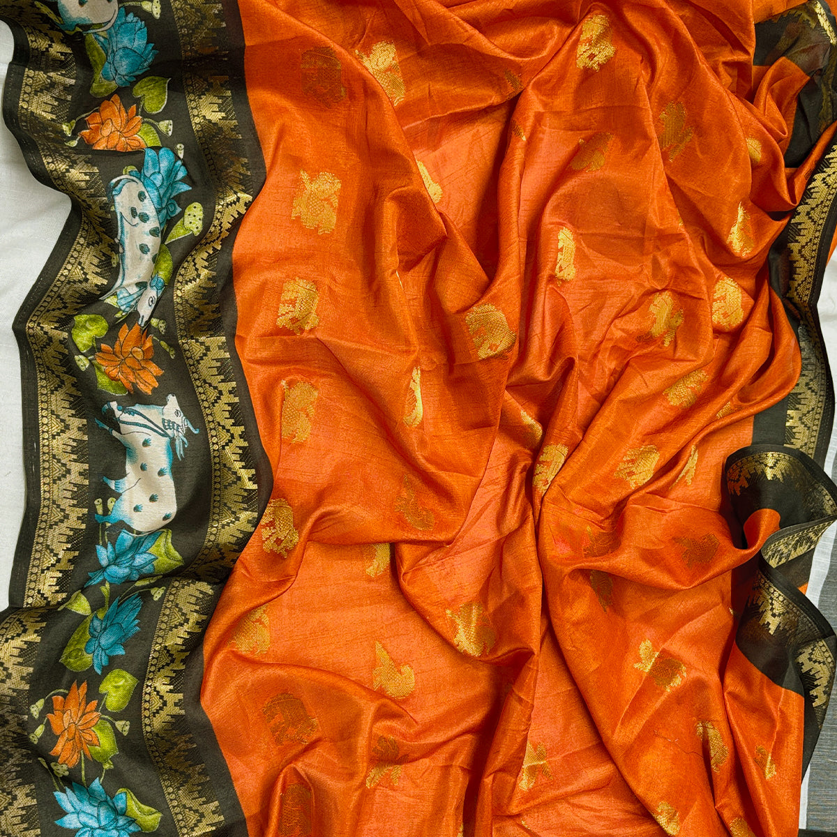 Rust Orange Muslin Silk Saree with Pichwai Cow & Lotus Print Border