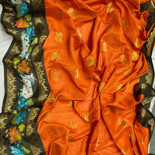 Rust Orange Muslin Silk Saree with Pichwai Cow & Lotus Print Border