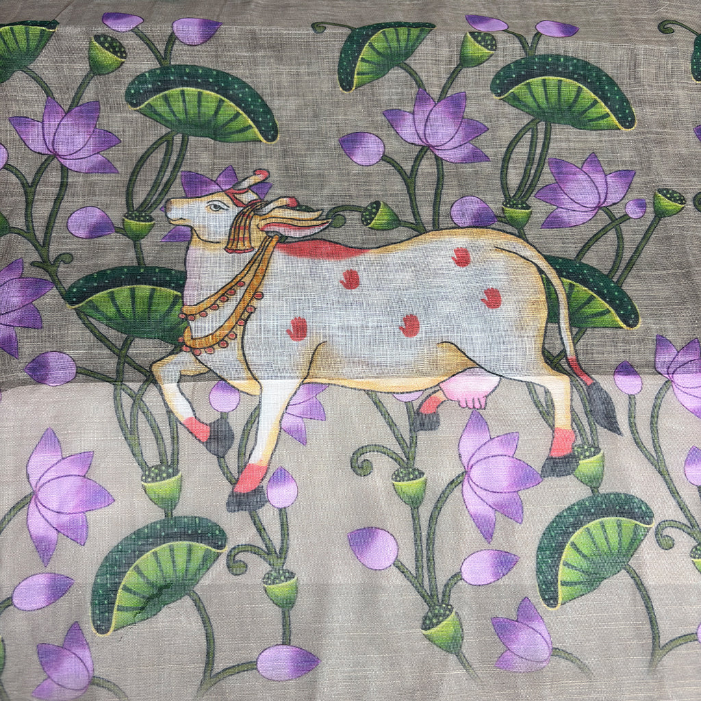 Green Beige Cotton Linen Saree