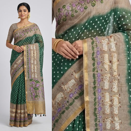 Green Beige Cotton Linen Saree