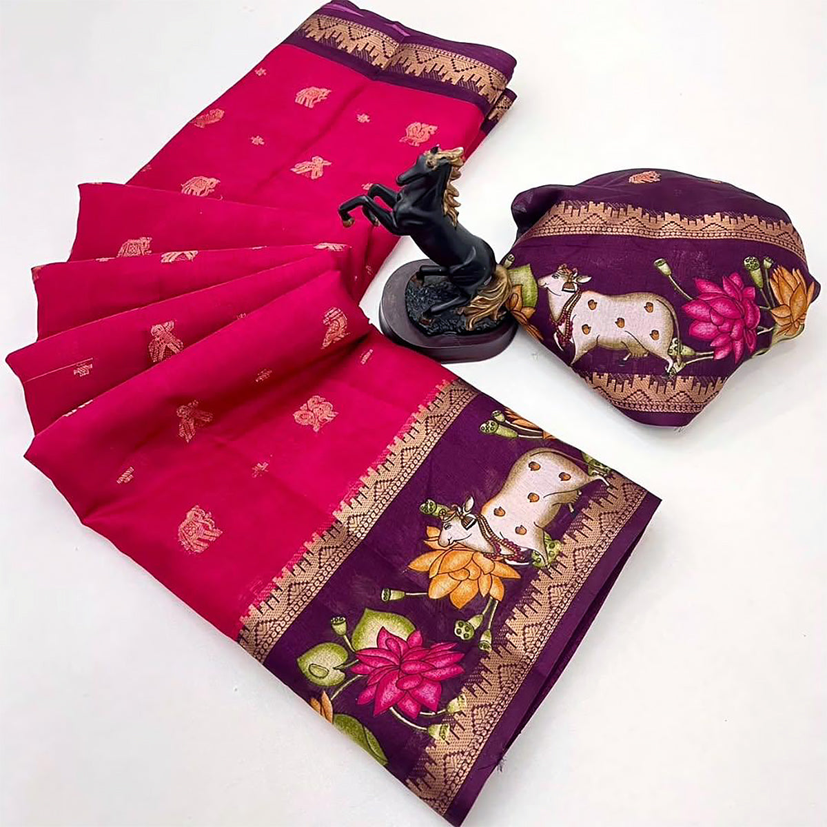 Magenta Pink Muslin Silk Saree with Pichwai Cow & Lotus Print Border