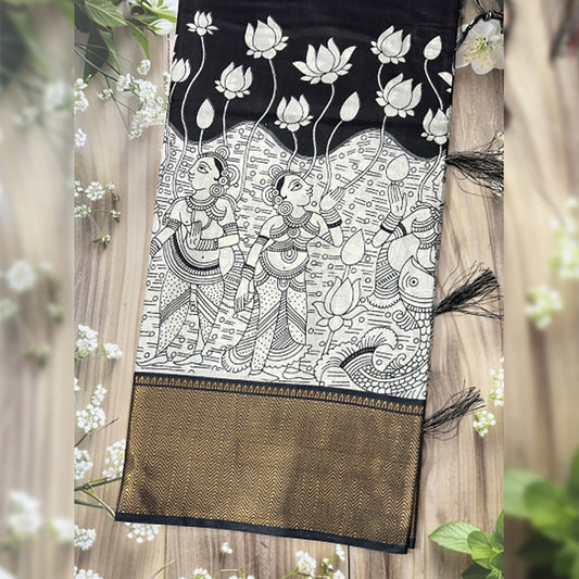 Kalamkari Printed Dola Silk Saree Black Edition