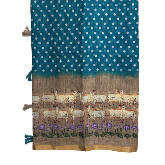 Teal Blue Beige Pichwai Printed Cotton Linen Sar
