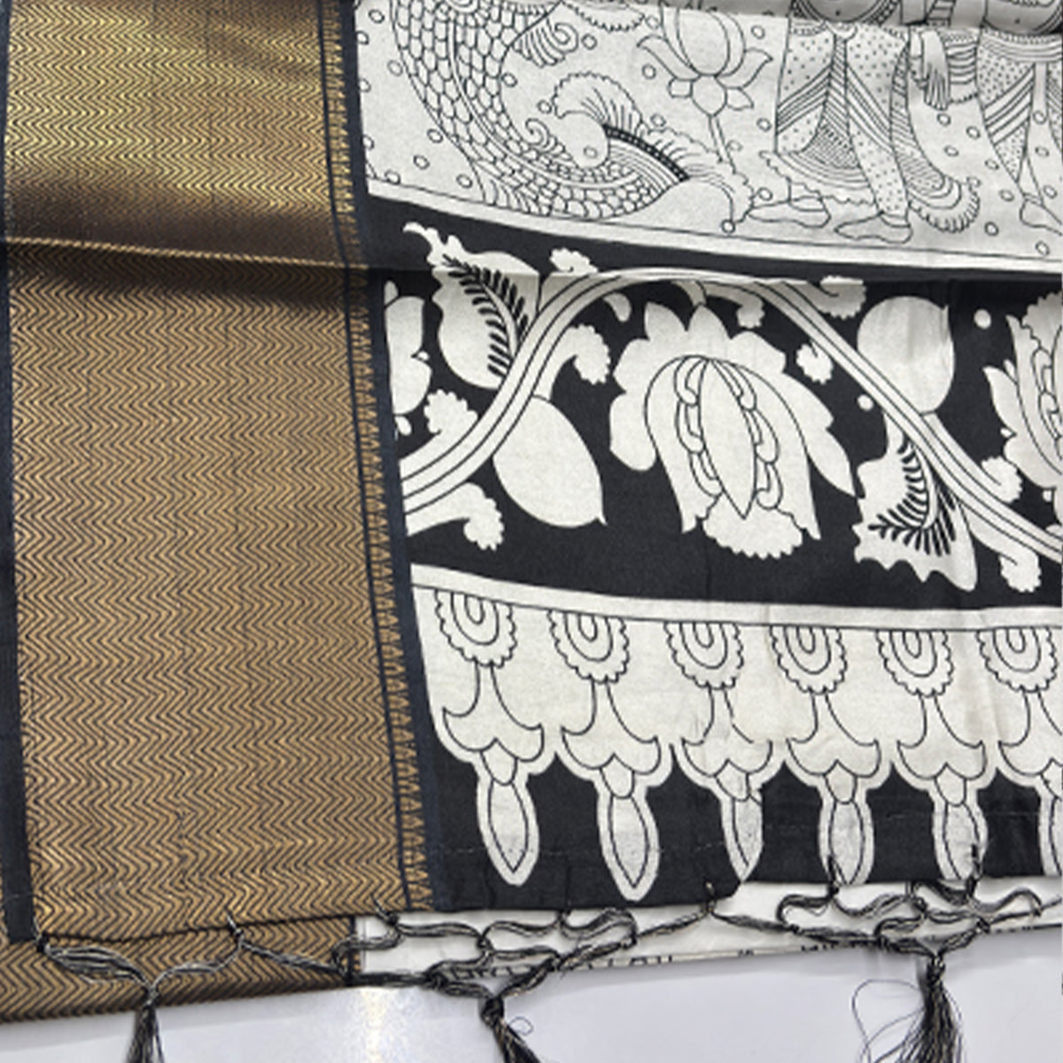 Kalamkari Printed Dola Silk Saree Black Edition
