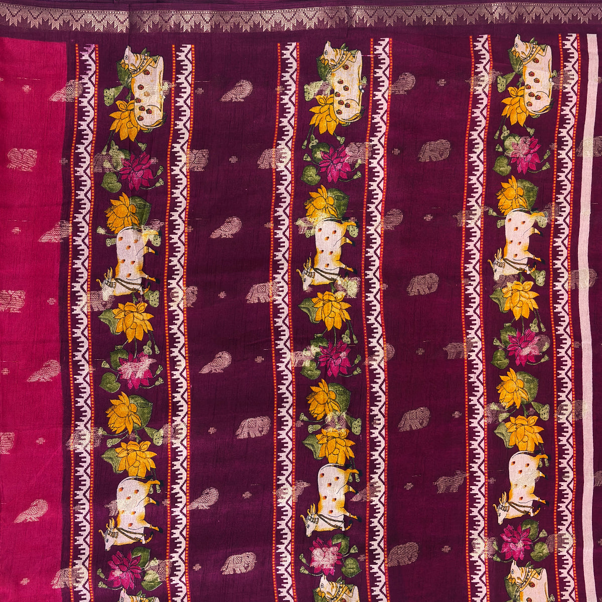 Magenta Pink Muslin Silk Saree with Pichwai Cow & Lotus Print Border