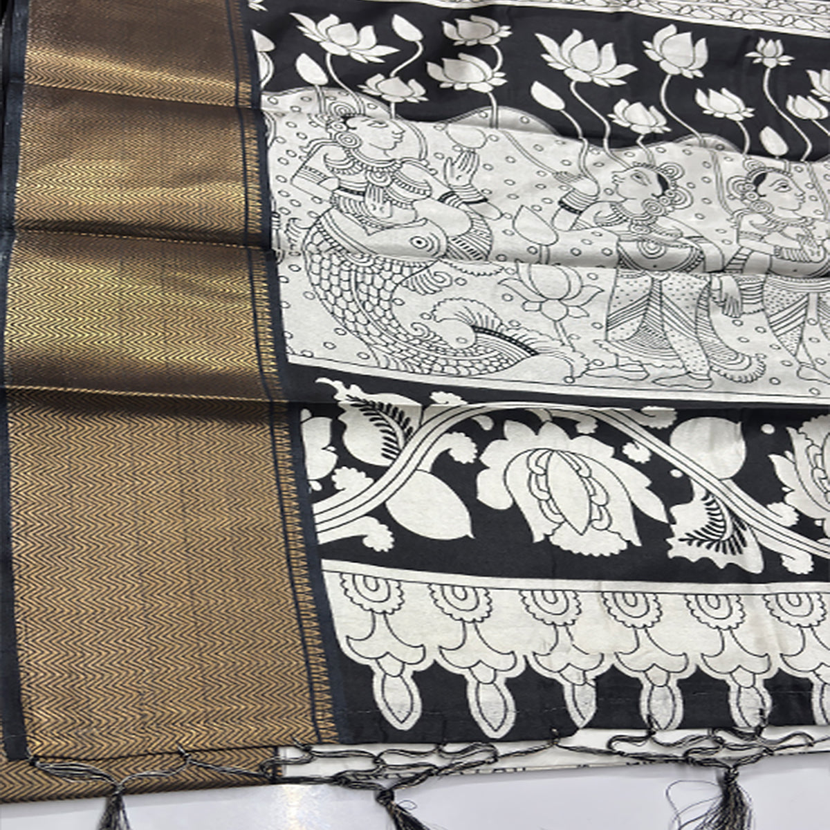Kalamkari Printed Dola Silk Saree Black Edition