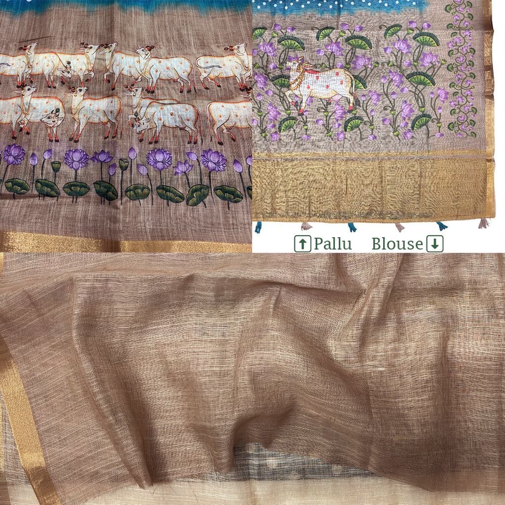 Teal Blue Beige Pichwai Printed Cotton Linen Sar