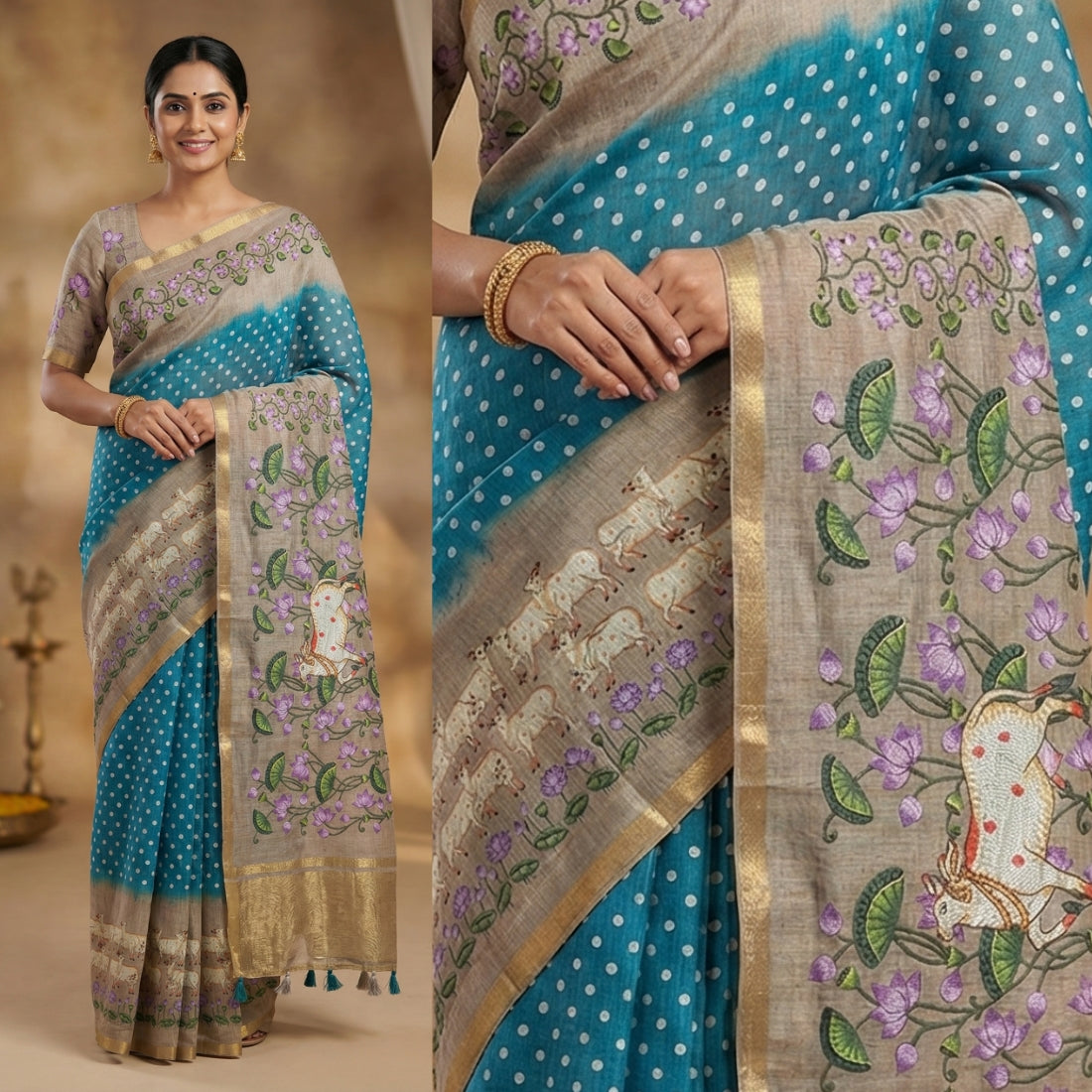 Teal Blue Beige Pichwai Printed Cotton Linen Sar