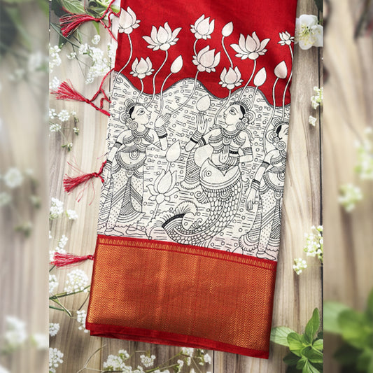 Kalamkari Printed Dola Silk Saree Exclusive Red Edition