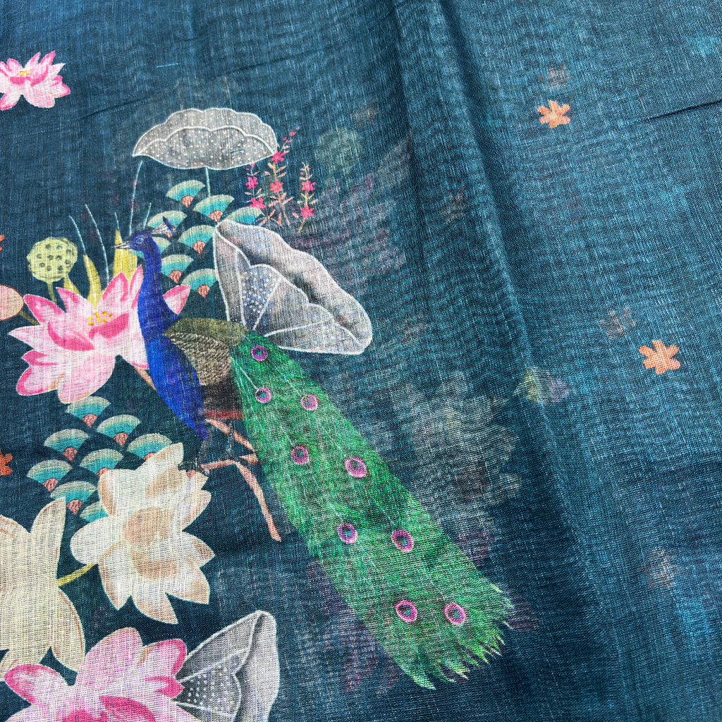 Deep Teal Blue Lotus Peacock Printed Cotton Line