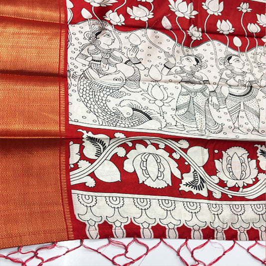 Kalamkari Printed Dola Silk Saree Exclusive Red Edition