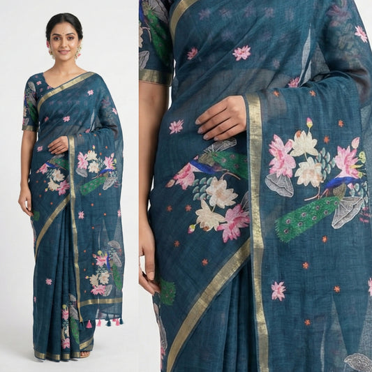 Deep Teal Blue Lotus Peacock Printed Cotton Line