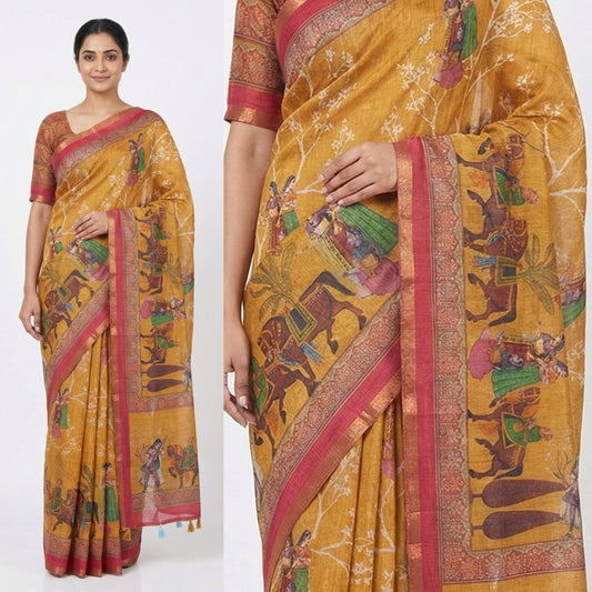 Mustard Yellow Royal Printed Cotton Linen Saree