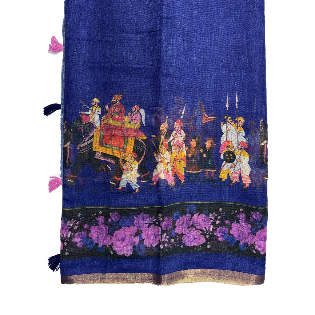 Royal Blue Elephant Procession Printed Cotton