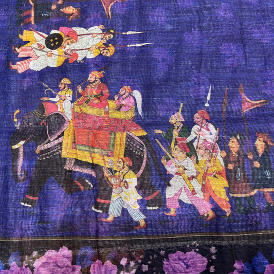 Royal Blue Elephant Procession Printed Cotton