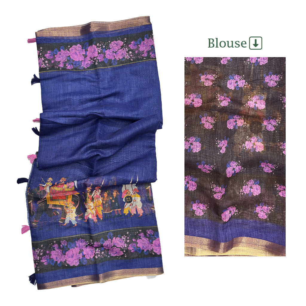 Royal Blue Elephant Procession Printed Cotton