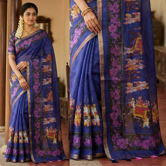 Royal Blue Elephant Procession Printed Cotton